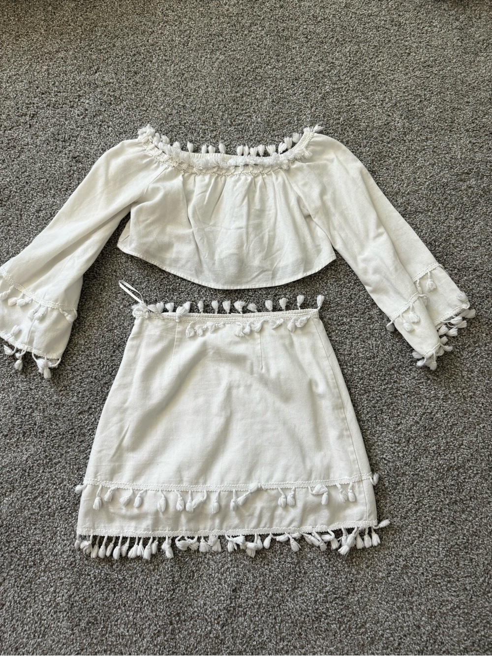 Off-Shoulder Tassel Two-Piece Set in Ivory